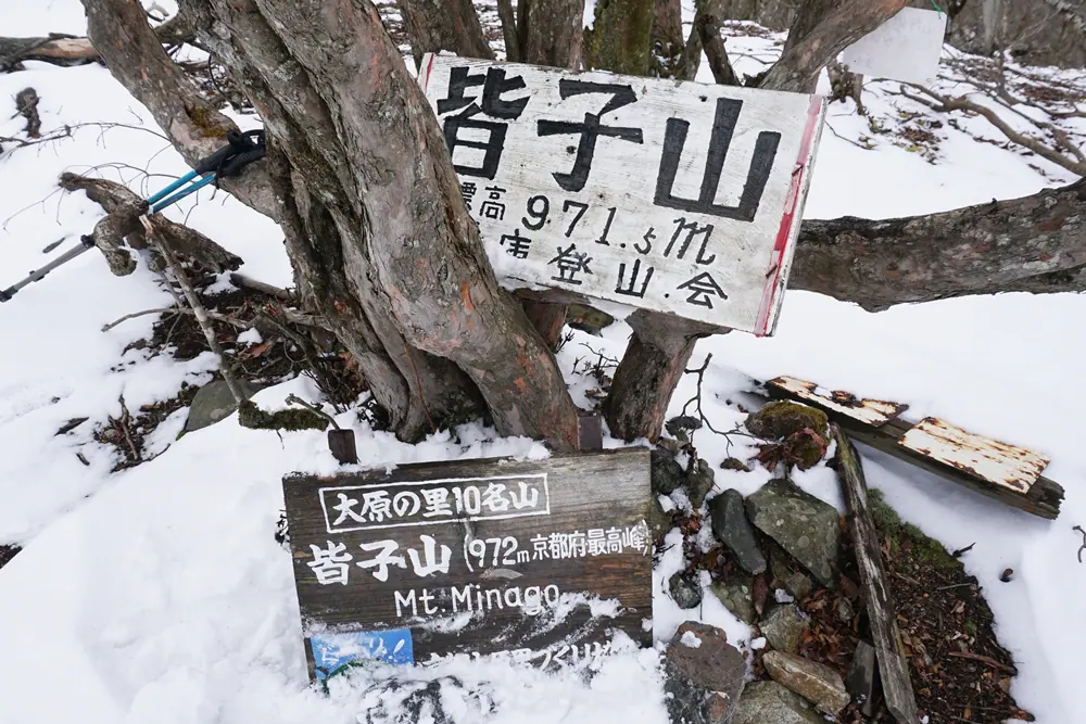 雪の皆子山山頂標識